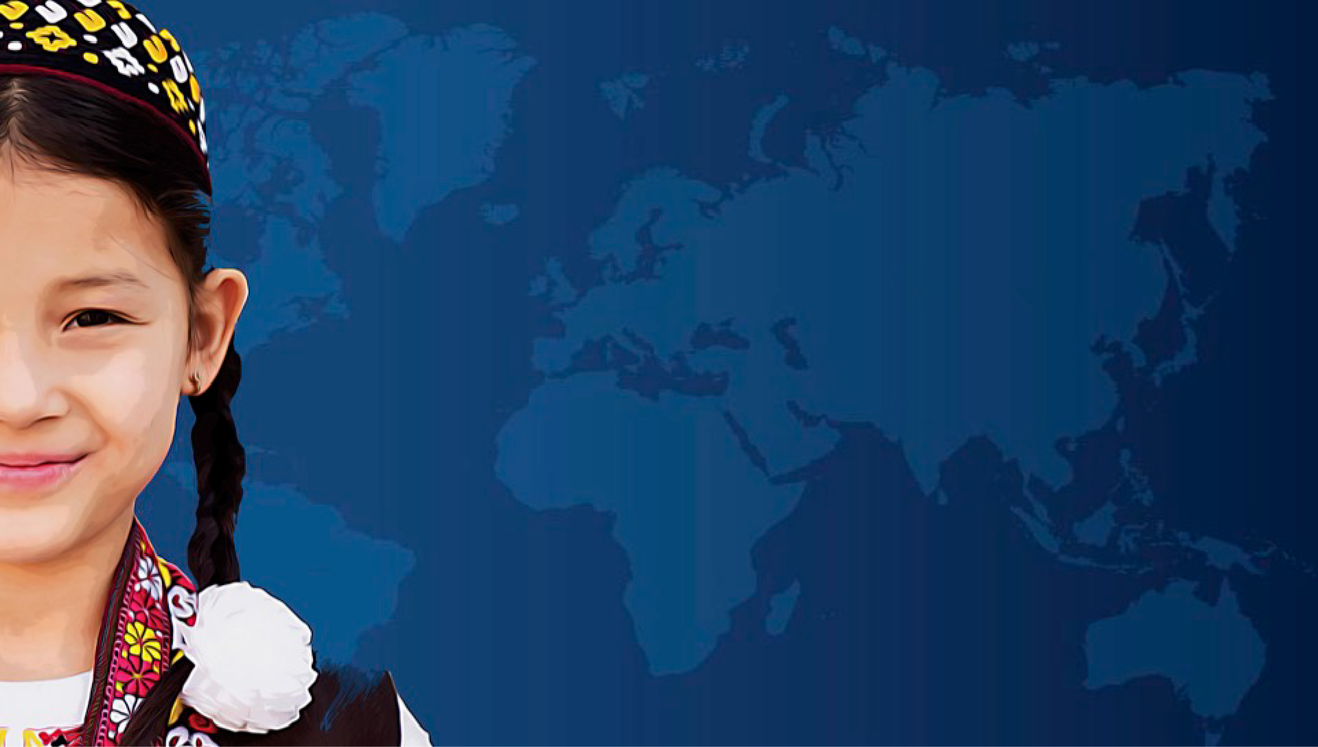 cut image of a young child on far left with world map on blue background