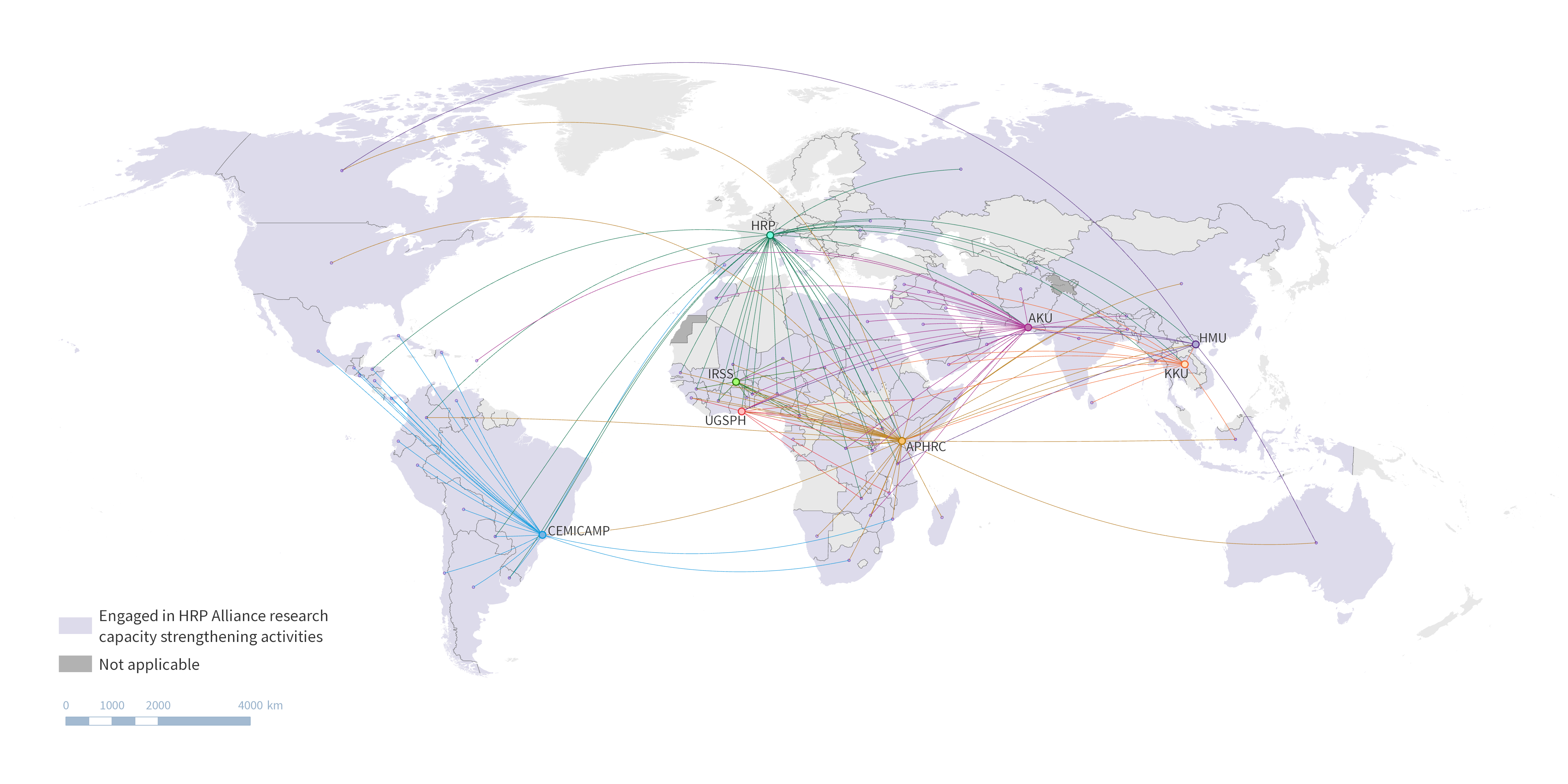 Map representing the HRP Alliance hubs and grantees and the extent of their network.