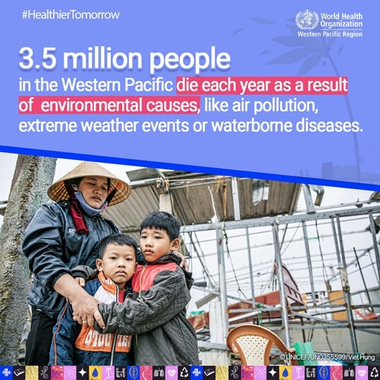 Woman and her children hug after an extreme weather event in Viet Nam